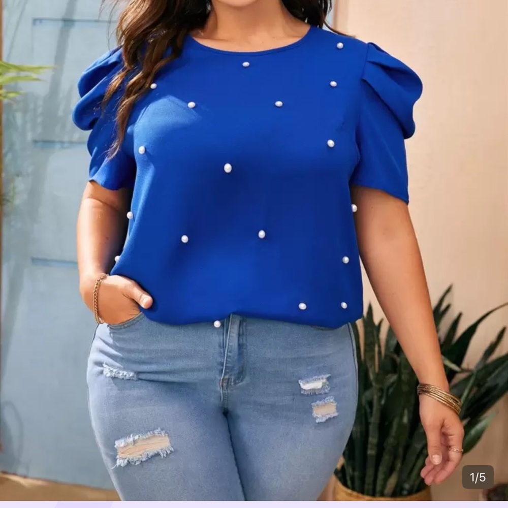 SHEIN Blue Blouse with Pearl Details